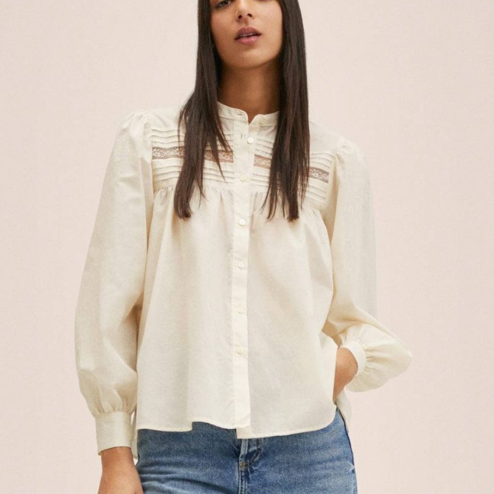 Nwt Mango Mng Size 4 Sml Boho Cream Blouse Puff S… - image 1